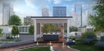 Pergola zipSCREEN árnyékolóval fehér színben Villeroy &amp; Boch jakuzzival