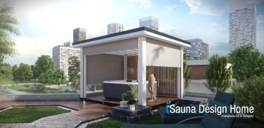 Kültéri Pergola zipSCREEN árnyékolóval fehér színben Villeroy &amp; Boch jakuzzival