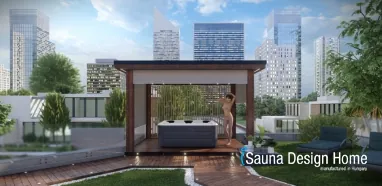 Pergola natúr színben egyedi tömörfa design fallal