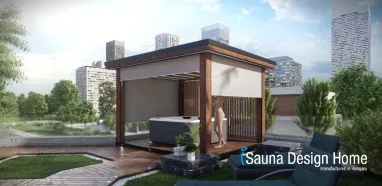 Pergola kézzel készített natúr színben egyedi design fallal