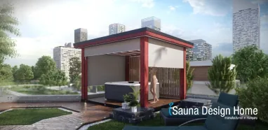 Pergola tömörfa kültéri burkolattal LED hangulat világítással