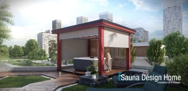 Pergola tömörfa kültéri burkolattal LED hangulat világítással